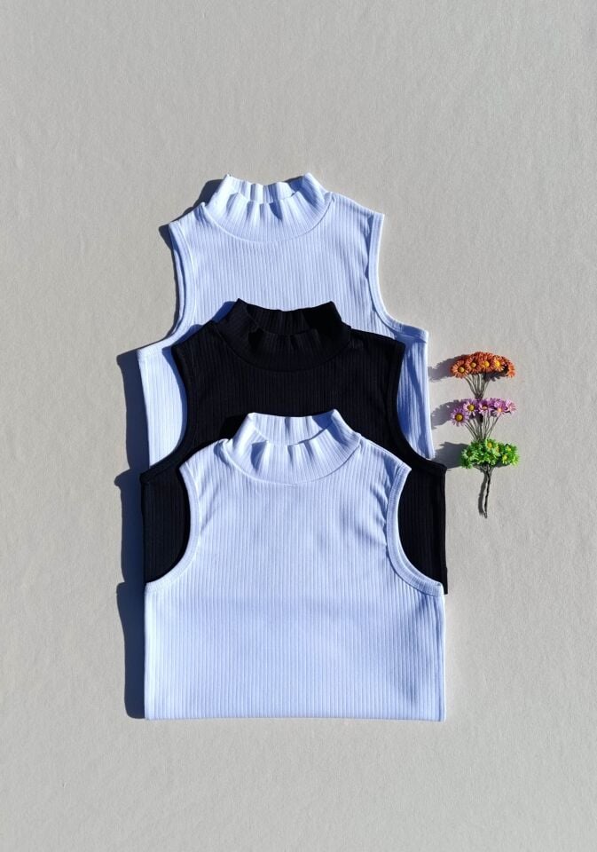 Fitilli Sıfır Kol Boğazlı 3'lü Siyah, Beyaz Kadın Body -Badi