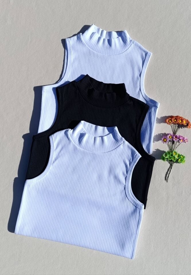 Fitilli Sıfır Kol Boğazlı 3'lü Siyah, Beyaz Kadın Body -Badi