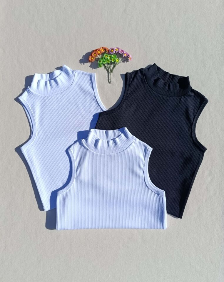 Fitilli Sıfır Kol Boğazlı 3'lü Siyah, Beyaz Kadın Body -Badi