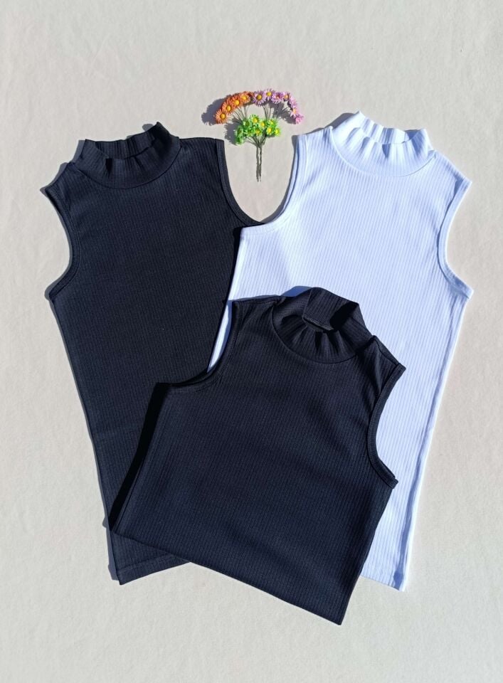 Fitilli Sıfır Kol Boğazlı 3'lü Siyah, Beyaz Kadın Body -Badi