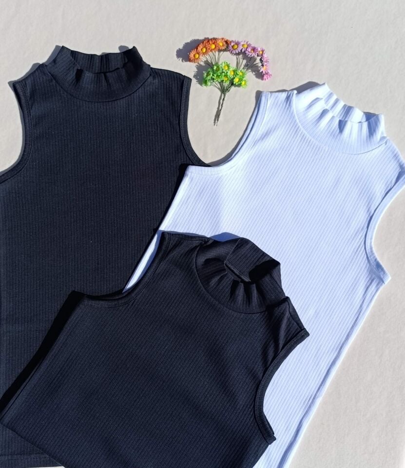 Fitilli Sıfır Kol Boğazlı 3'lü Siyah, Beyaz Kadın Body -Badi