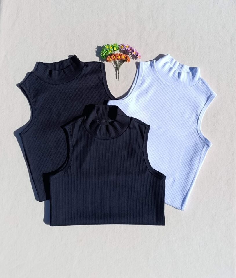 Fitilli Sıfır Kol Boğazlı 3'lü Siyah, Beyaz Kadın Body -Badi