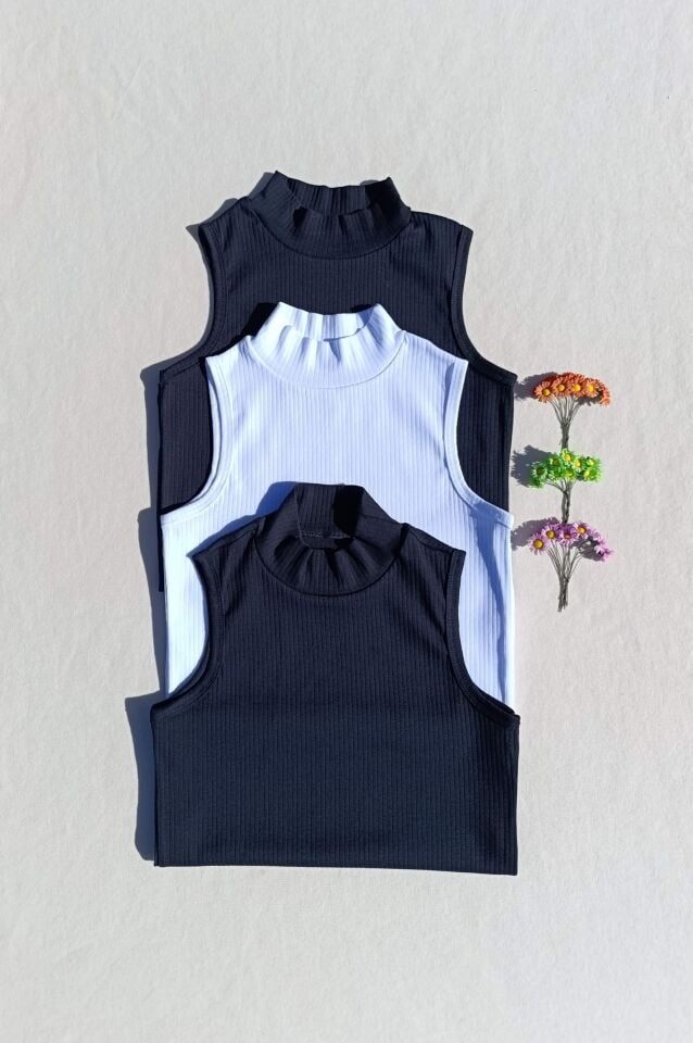 Fitilli Sıfır Kol Boğazlı 3'lü Siyah, Beyaz Kadın Body -Badi