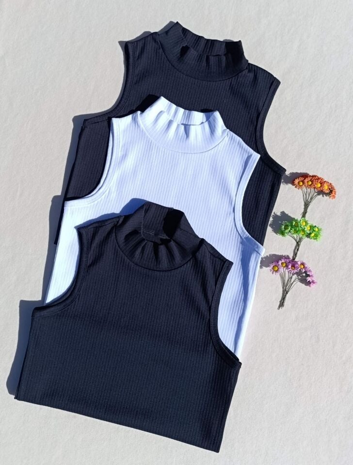 Fitilli Sıfır Kol Boğazlı 3'lü Siyah, Beyaz Kadın Body -Badi