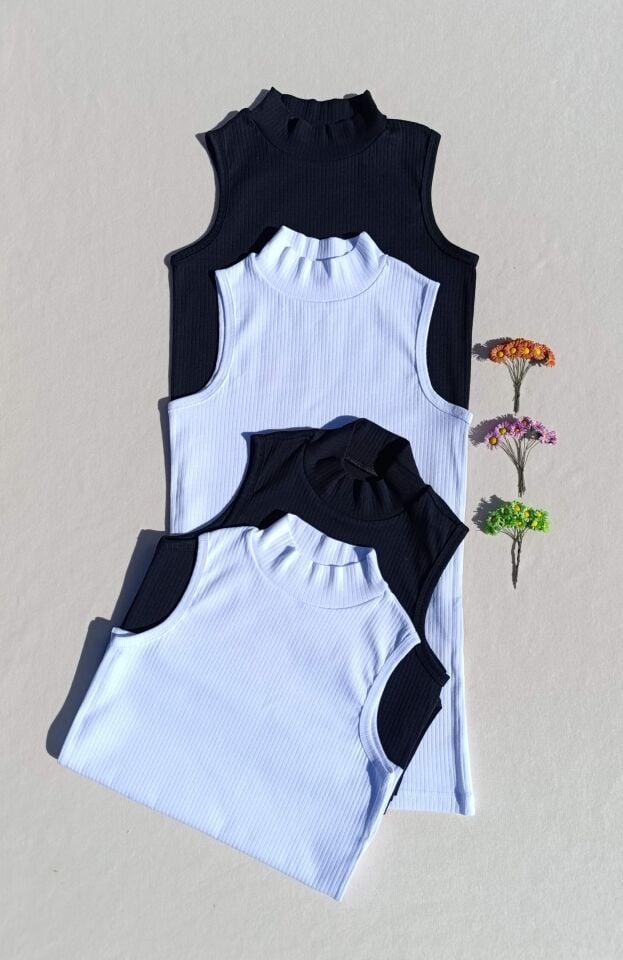 Fitilli Sıfır Kol Boğazlı 4'lü Siyah, Beyaz Kadın Body -Badi