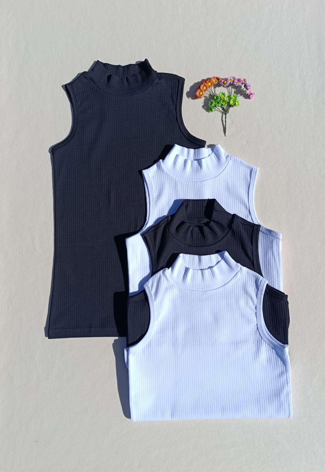 Fitilli Sıfır Kol Boğazlı 4'lü Siyah, Beyaz Kadın Body -Badi