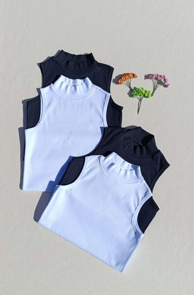 Fitilli Sıfır Kol Boğazlı 4'lü Siyah, Beyaz Kadın Body -Badi