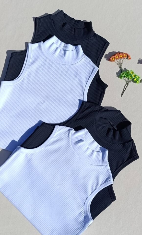 Fitilli Sıfır Kol Boğazlı 4'lü Siyah, Beyaz Kadın Body -Badi