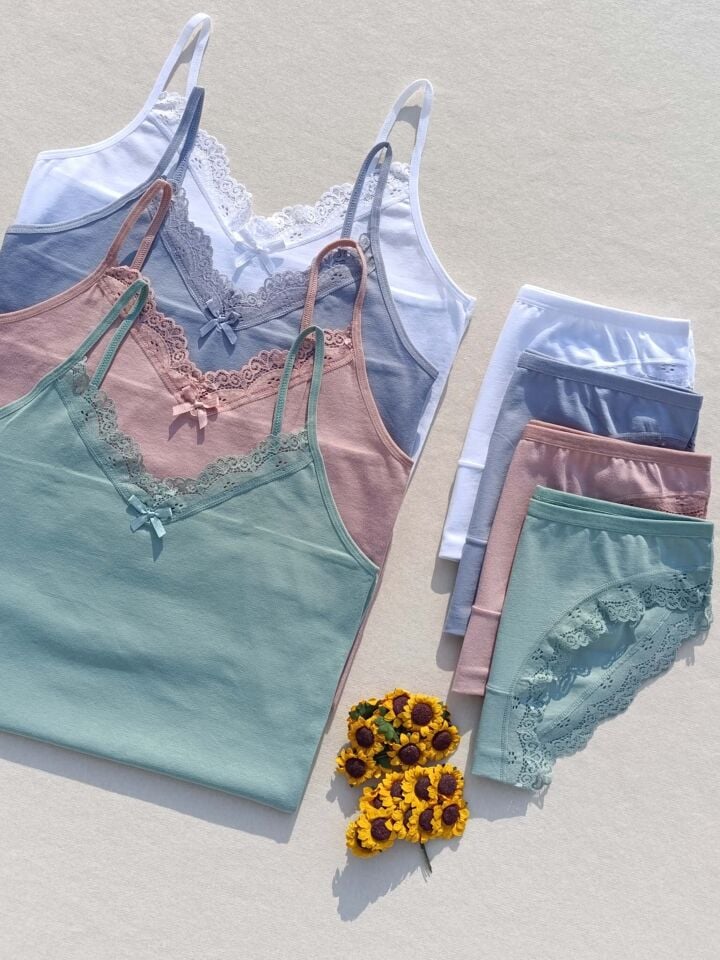 Dantelli 4'lü Kadın Atlet Külot İç Çamaşır Takımı