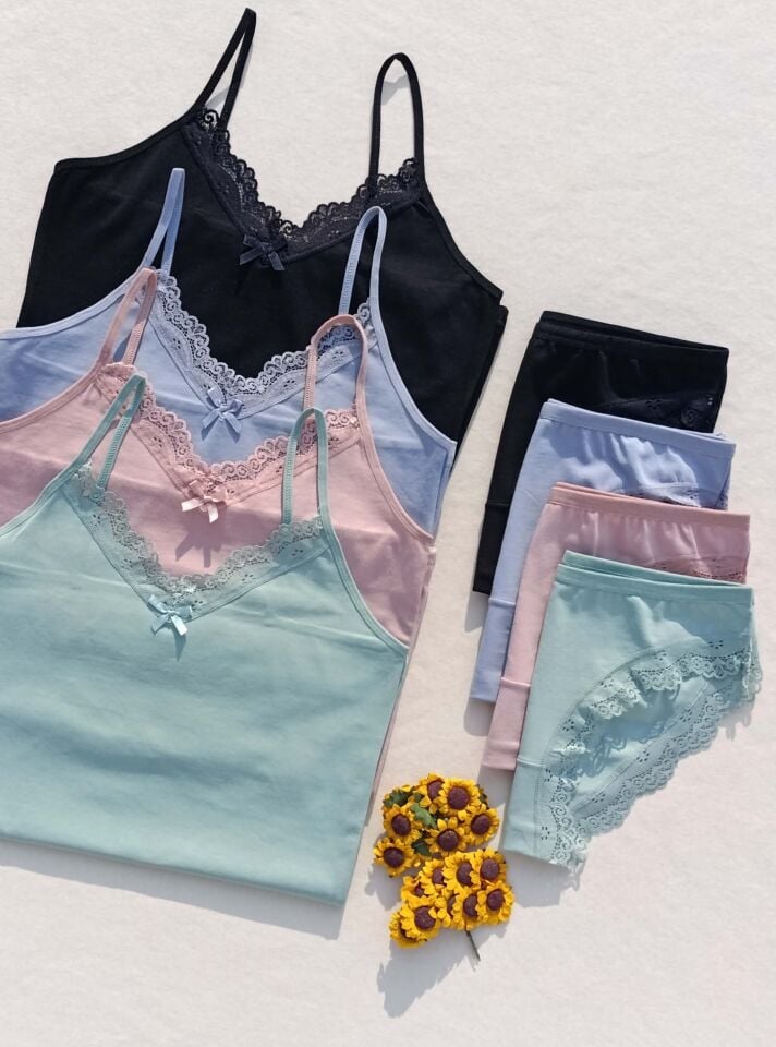 Dantelli 4'lü Kadın Atlet Külot İç Çamaşır Takımı