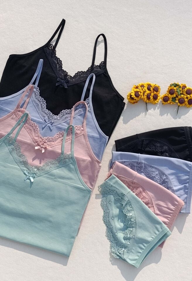 Dantelli 4'lü Kadın Atlet Külot İç Çamaşır Takımı