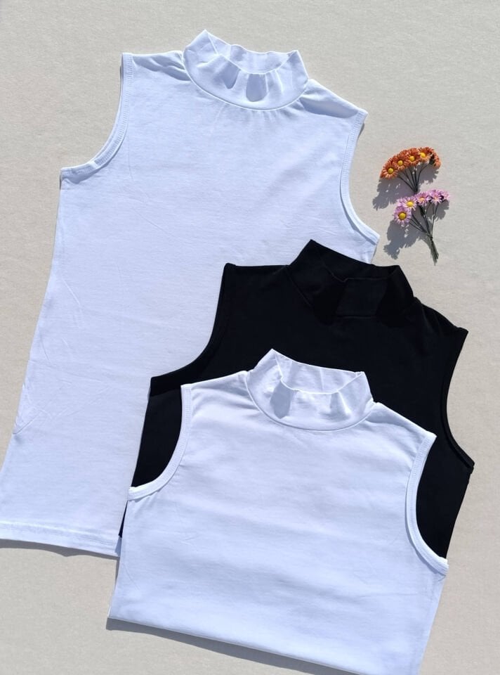 3'lü Basic Sıfır Kol Boğazlı Siyah, Beyaz Kadın Body -Badi