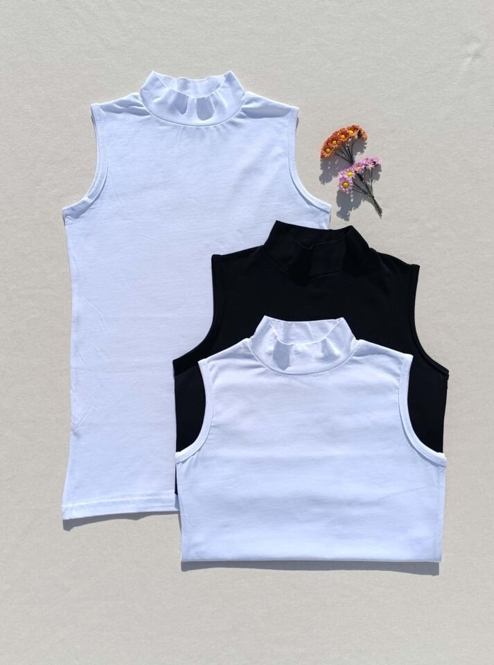 3'lü Basic Sıfır Kol Boğazlı Siyah, Beyaz Kadın Body -Badi