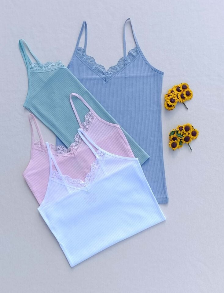 Dantel Detaylı Fitilli Esnek Renkli 4'lü Kadın Atlet