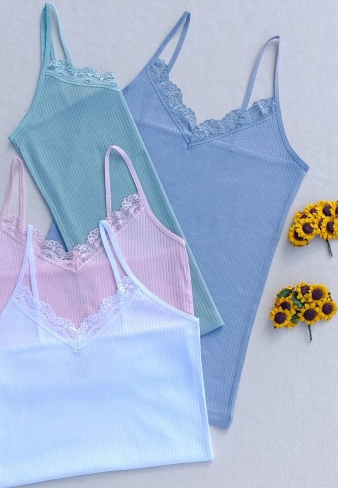 Dantel Detaylı Fitilli Esnek Renkli 4'lü Kadın Atlet