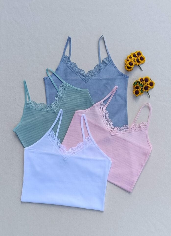 Dantel Detaylı Fitilli Esnek Renkli 4'lü Kadın Atlet