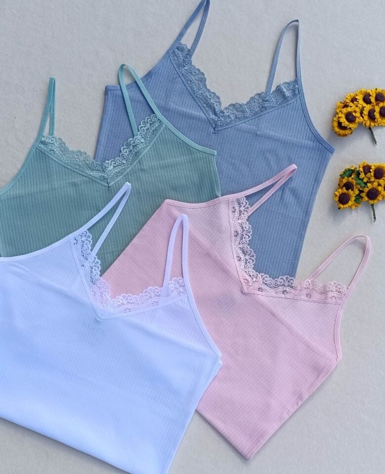 Dantel Detaylı Fitilli Esnek Renkli 4'lü Kadın Atlet