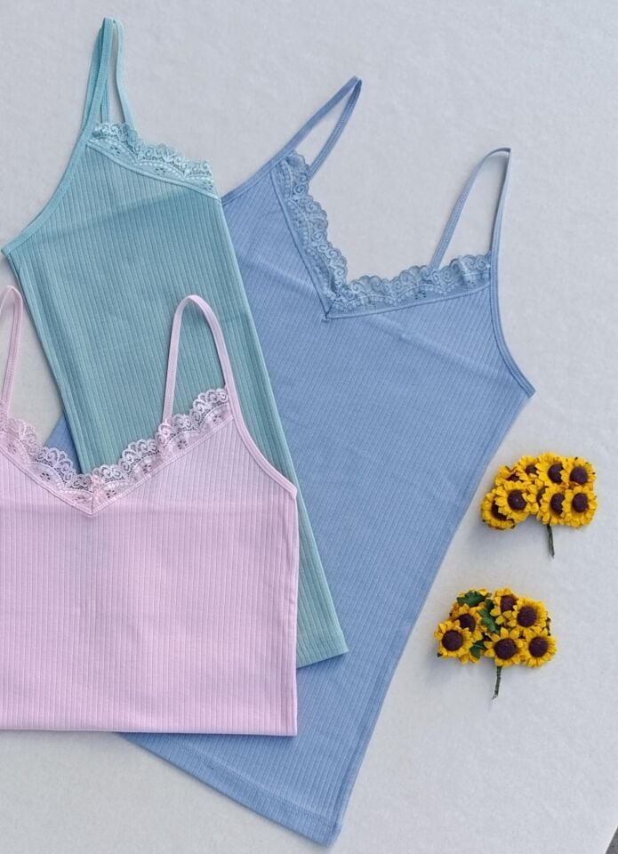 Dantel Detaylı Fitilli Esnek 3'lü Kadın Atlet