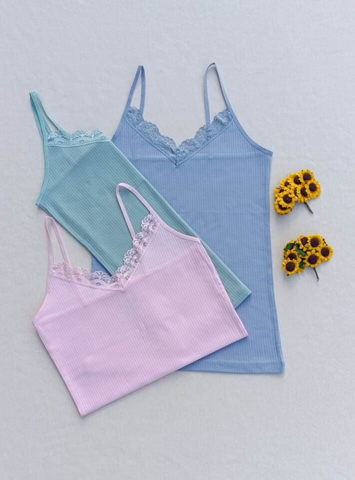 Dantel Detaylı Fitilli Esnek 3'lü Kadın Atlet