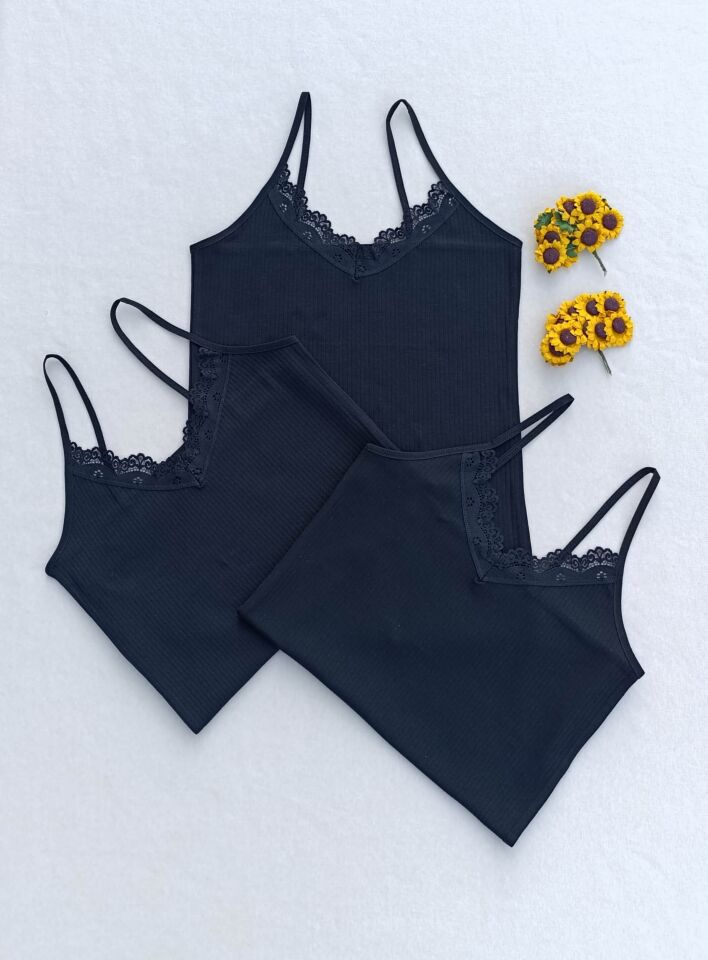 Dantel Detaylı Fitilli Esnek 3'lü Kadın Atlet