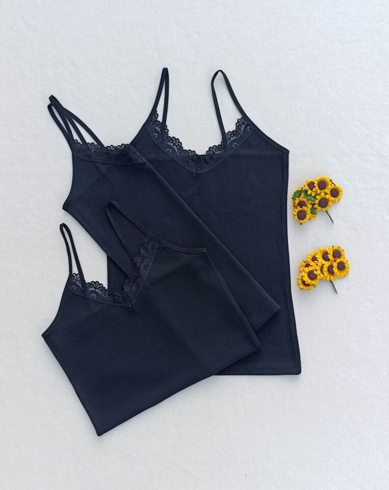 Dantel Detaylı Fitilli Esnek 3'lü Kadın Atlet