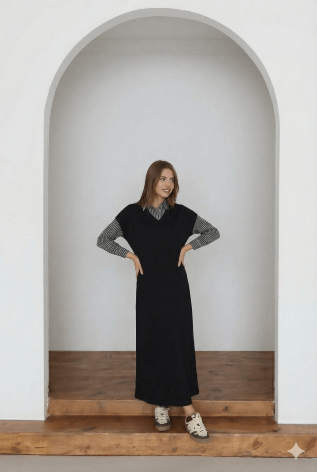 Gömlek Detaylı Uzun Modal Elbise