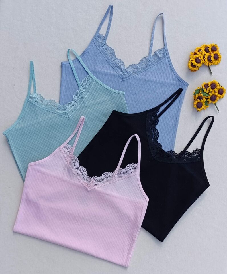 Dantel Detaylı Fitilli Esnek Renkli 4'lü Kadın Atlet