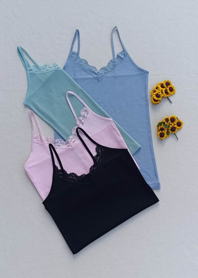 Dantel Detaylı Fitilli Esnek Renkli 4'lü Kadın Atlet