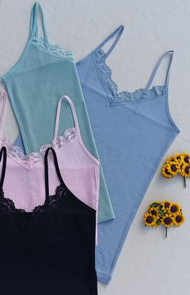 Dantel Detaylı Fitilli Esnek Renkli 4'lü Kadın Atlet