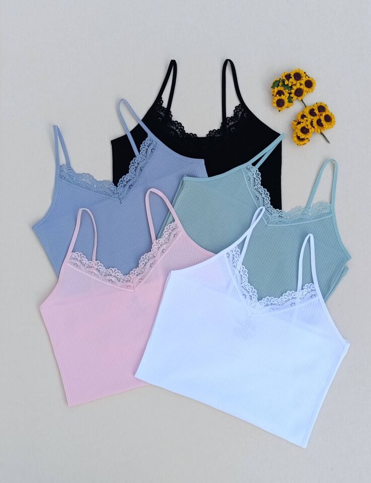 Dantel Detaylı Fitilli Esnek Renkli 5'li Kadın Atlet