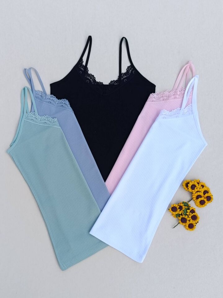 Dantel Detaylı Fitilli Esnek Renkli 5'li Kadın Atlet