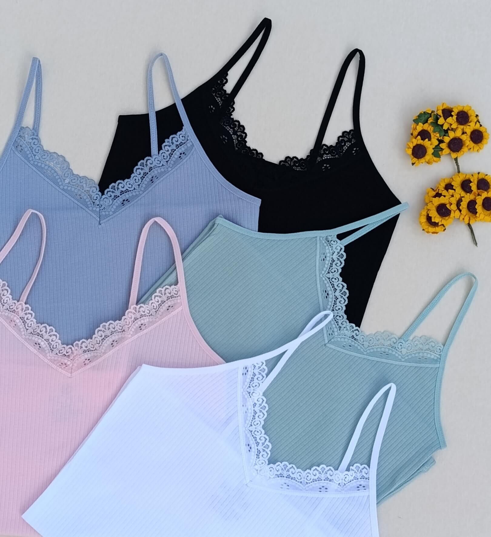 Dantel Detaylı Fitilli Esnek Renkli 5'li Kadın Atlet