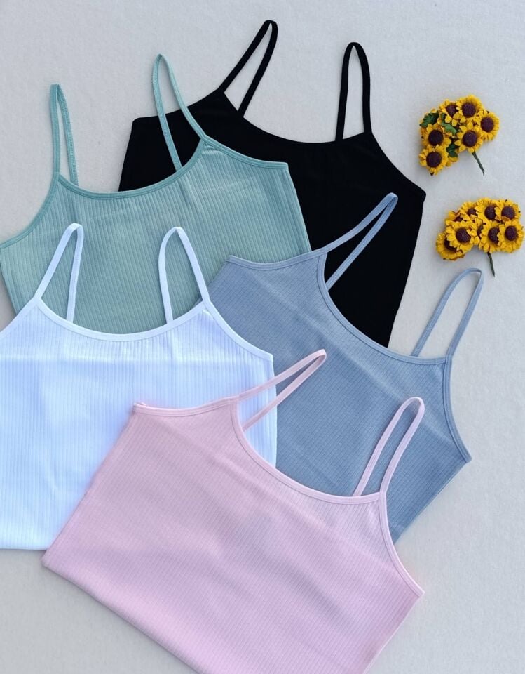 5'li Fitilli Likralı Renkli, Siyahi, Beyaz Kadın Atlet