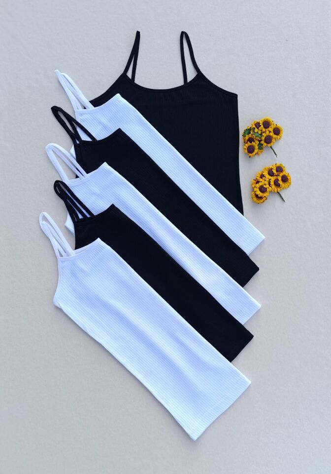 6'lı Fitilli Likralı Siyah, Beyaz Kadın Atlet