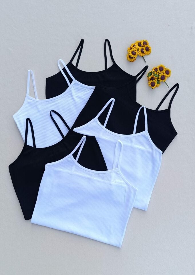 6'lı Fitilli Likralı Siyah, Beyaz Kadın Atlet