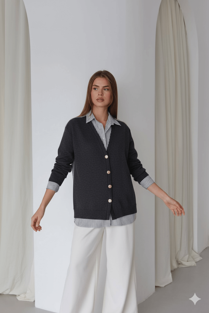 Önü Düğmeli Hırka Detaylı Gömlek