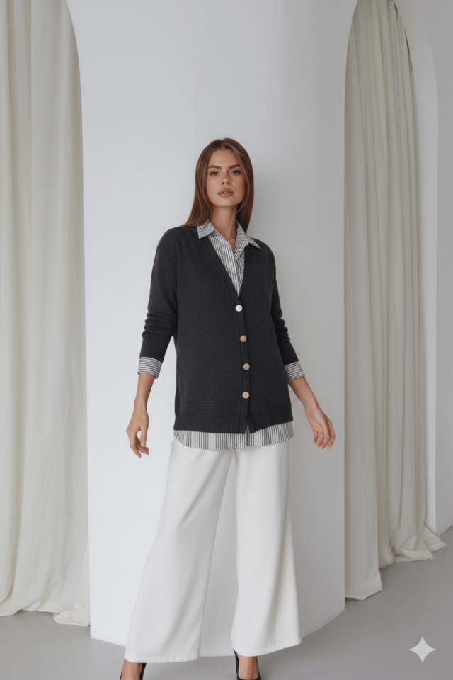 Önü Düğmeli Hırka Detaylı Gömlek