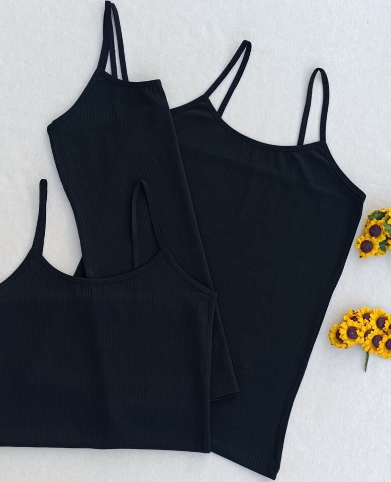 3'lü Fitilli Likralı Siyah Kadın Atlet