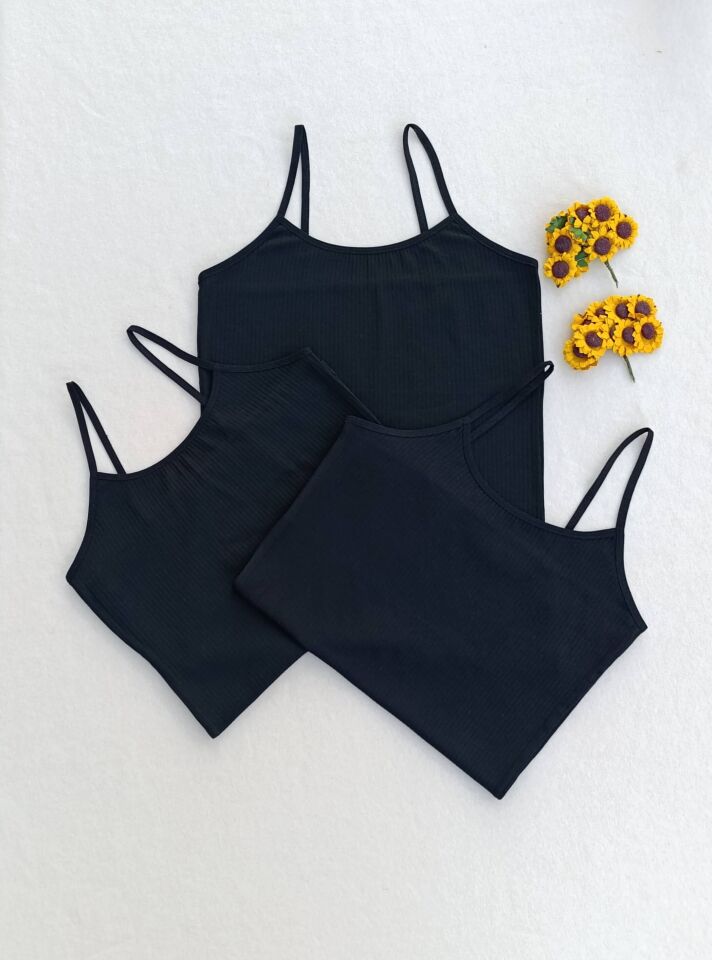 3'lü Fitilli Likralı Siyah Kadın Atlet