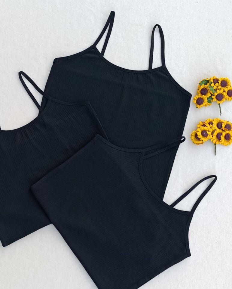 3'lü Fitilli Likralı Siyah Kadın Atlet