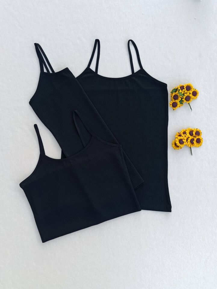 3'lü Fitilli Likralı Siyah Kadın Atlet