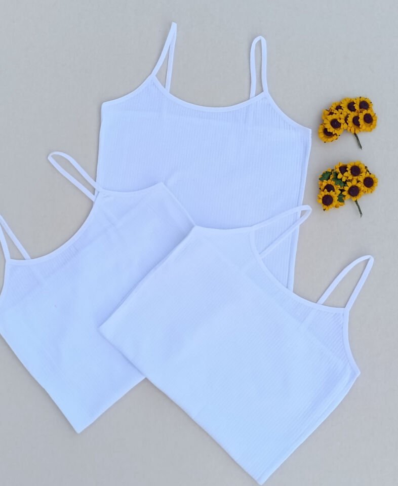 3'lü Fitilli Likralı Beyaz Kadın Atlet