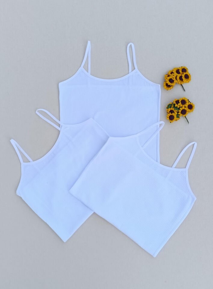 3'lü Fitilli Likralı Beyaz Kadın Atlet