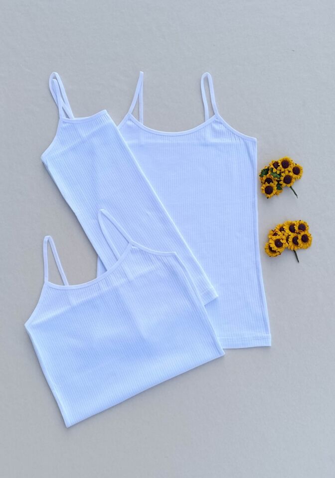 3'lü Fitilli Likralı Beyaz Kadın Atlet