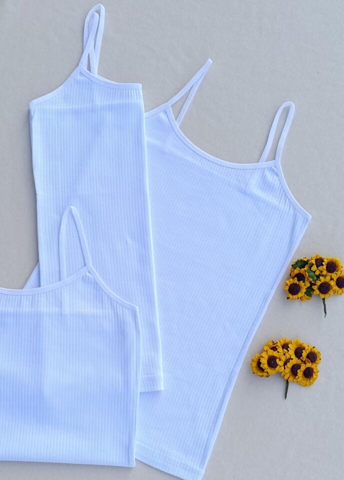 3'lü Fitilli Likralı Beyaz Kadın Atlet