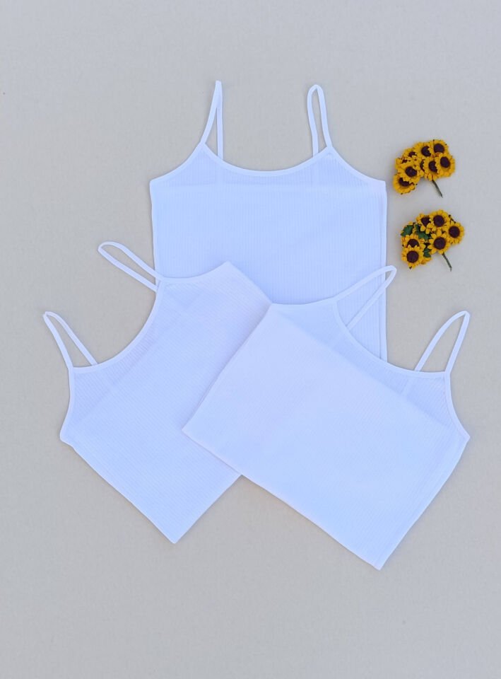 3'lü Fitilli Likralı Beyaz Kadın Atlet