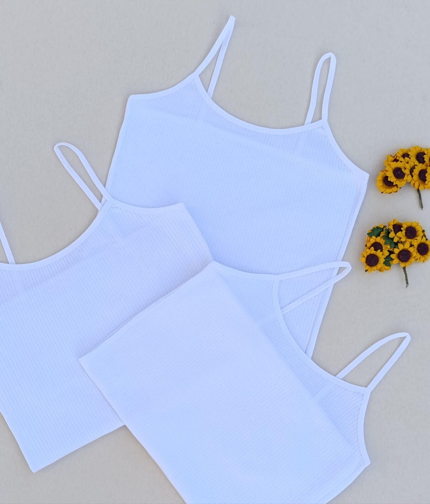 3'lü Fitilli Likralı Beyaz Kadın Atlet