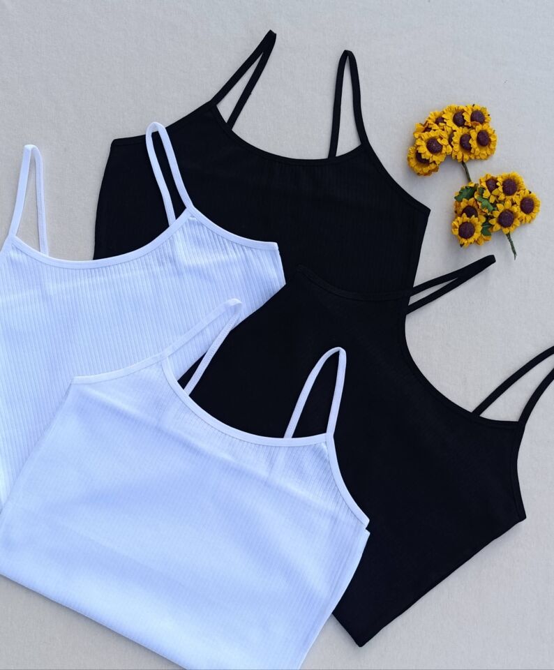 4'lü Fitilli Likralı Siyah, Beyaz Kadın Atlet