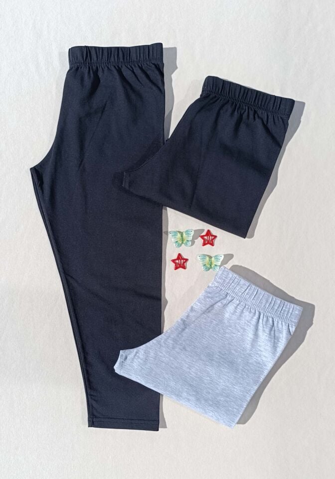 Kadın Gri, Siyah Renk Beli Lastikli Basic 3'lü Kapri Kısa Tayt