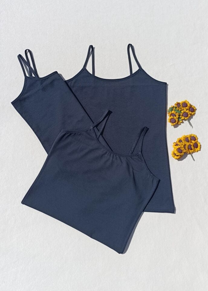 3'lü Basic İp Askı Likralı Siyah Kadın Atlet